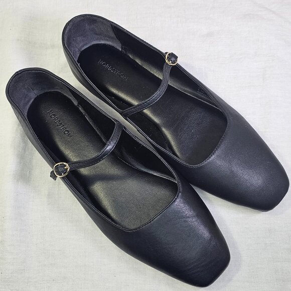 Nordstrom Lea Genuine Leather Square Toe Mary Jane Flats 8.5 Black - Picture 1 of 9